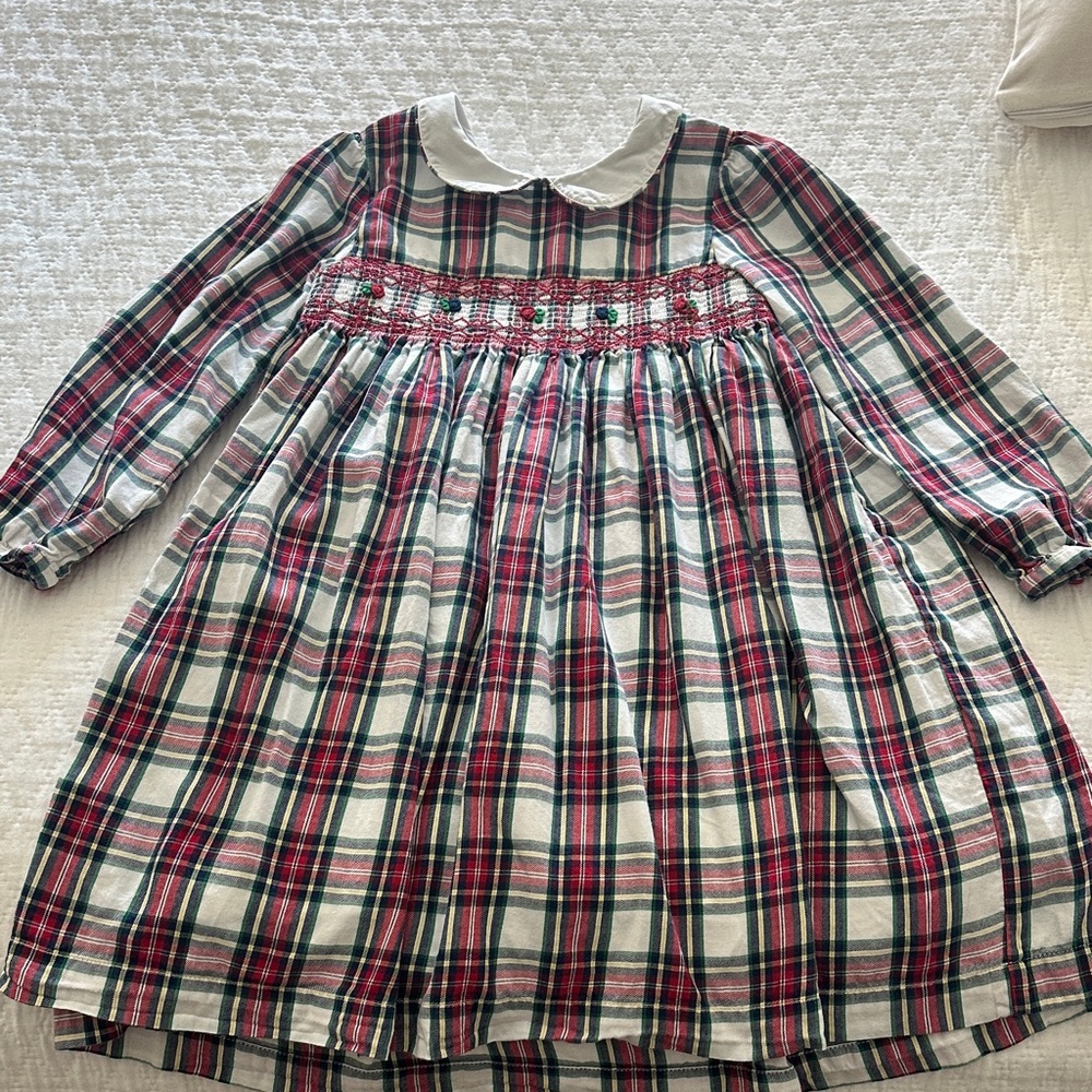 Smocked Plaid Long Sleeve Dress with Peter Pan Collar